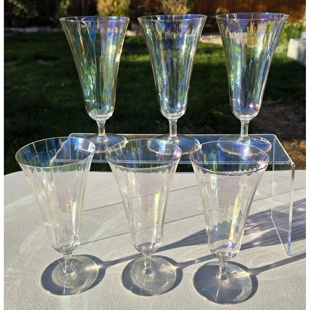 Vtg Glasses Champagne Flute Set of 6‎ Iridescent Tulip Depression Carnival MCM